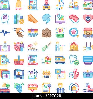 Diverse set of line art icons visualizing concepts across various industries including finance, education, marketing, and healthcare, all isolated on Stock Vector