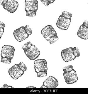 seamless pattern chocolate paste jar hand drawn. spread cream, bread hazelnut, cocoa knife, spoon butter, nut creamy chocolate paste jar black sketch Stock Vector