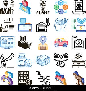 Variety of isometric and outline icons illustrating concepts such as finance, industry, medical, data, transport, and science, forming a comprehensive Stock Vector