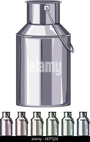 cow metal milk can cartoon. old bottle, retro steel, tin churn cow metal milk can sign colorful illustration Stock Vector