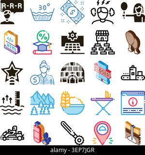 Collection of conceptual isometric and line icons covering various aspects including finance, technology, education, food, lifestyle, and geography, p Stock Vector