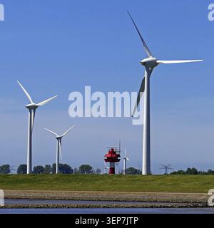 Wybelsum radar tower behind the New Sea Dike on the Ems with wind power plants, Emden, East Frisia, Lower Saxony, Germany Stock Photo