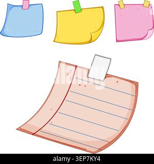 Colorful sticky notes and paper sheets in various sizes and styles pinned to a white surface, blank spaces for messages, reminders, to do lists and or Stock Vector