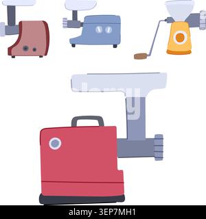 Household and professional electric and manual meat grinders appearing as kitchen appliances for preparing minced meat, combining food processing tech Stock Vector