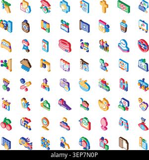 Isometric icons providing a comprehensive collection of diverse symbols and objects related to various lifestyle areas, business, technology, social c Stock Vector
