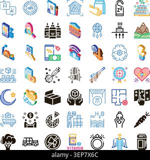 Colorful linear icon set illustrating diverse conceptsbusiness, finance, medical, food, travel and lifestyleideal for web, app and infographic design Stock Vector