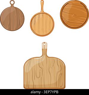 Wooden cutting boards and pizza peels with handles providing versatile kitchen tools for food preparation, serving, and culinary presentations, highli Stock Vector