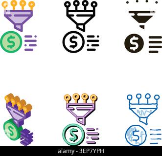 Funnel Financial Information Gathering Vector types Icon Thin Line. Money Sign On Smartphone Display And Magnifier, Web Site Financial Stock Vector