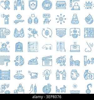 Hand drawn monochrome blue icon set featuring doodle style symbols for health, tech, business, nature, security, finance, education, science, ai, and Stock Vector