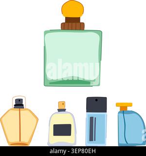 Collection of perfume and cologne bottles in various shapes, colors, and designs, depicting aromatic products for personal care, freshness, and groomi Stock Vector