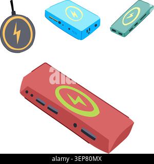 Group of electronic devices providing mobile power solutions, featuring a circular induction charger and multiple battery packs with lightning bolt sy Stock Vector