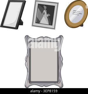 Collection of assorted picture frames in various shapes and styles with empty placeholders and one subtle bride silhouette, evoking home decor, memori Stock Vector
