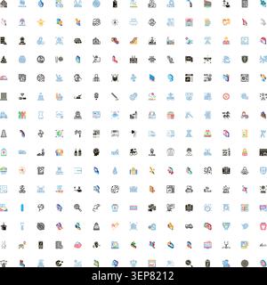 Large grid displaying a wide range of flat design vector icons illustrating various concepts from business, health, technology, and abstract themes fo Stock Vector