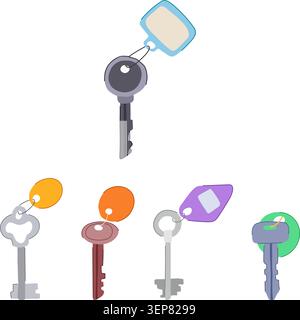 Various door keys with colorful keychains arranged on white background, showing different shapes and styles to represent security, access, ownership, Stock Vector