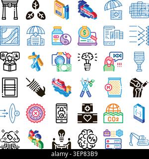 Set of colorful flat and line icon designs depicting a wide array of themes including technology. Health. Finance. Education. Nature. And infrastructu Stock Vector