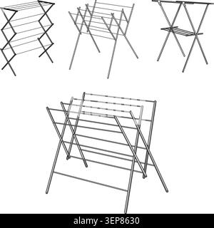 Several metal clothes drying racks illustrate different designs and folding mechanisms, representing essential household items for efficient laundry c Stock Vector