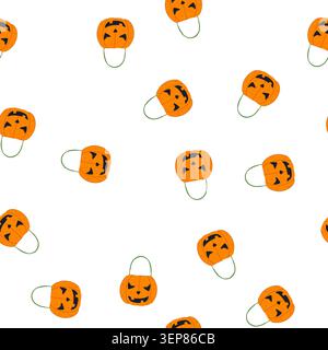 pattern candy halloween bucket cartoon. basket trick, kid pumpkin, treat spooky candy halloween bucket sign. seamless symbol vector illustration Stock Vector