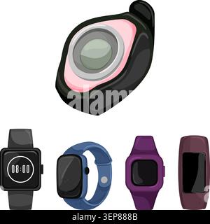 Collection of contemporary wearable technology, including a powerful gps tracking device and various smartwatches, symbolizing innovation and connecti Stock Vector