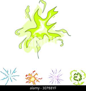 Visual effect elements including a dynamic green explosion, a blue electric burst, a red and yellow impact, a purple starburst, and a smoky cloud, cre Stock Vector