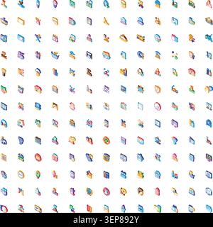 Large collection of colorful isometric icons depicting various concepts related to business, communication, digital technology, management, and online Stock Vector