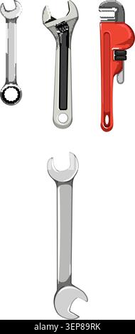 Different types of wrenches, including combination, adjustable, and pipe tools, are presented as illustrations, essential for various repair, installa Stock Vector