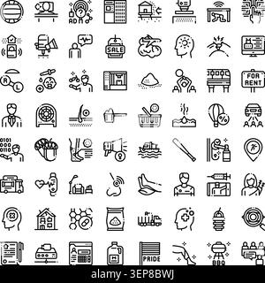 Large collection of diverse outline icons covering various themes including business, commerce, healthcare, communication, technology, and everyday ac Stock Vector