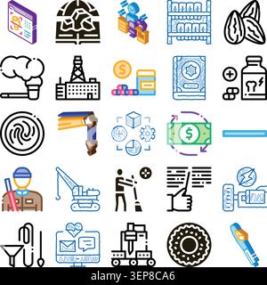 Grid of varied simple icons representing a wide range of concepts including business, technology, finance, construction, healthcare, food, and environ Stock Vector