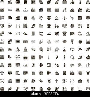Various minimalist solid black icons representing concepts across business, finance, technology, travel, food, sports, and everyday life for diverse d Stock Vector