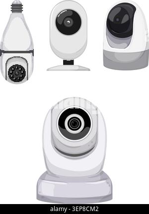 Home security camera systems and recording devices collection for modern smart house protection, ensuring digital surveillance and private property sa Stock Vector
