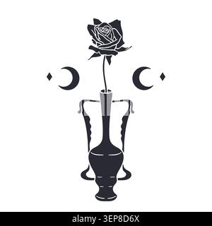 Art nouveau style celestial vase with rose hand drawn monochrome adult coloring book page vector illustration Stock Vector