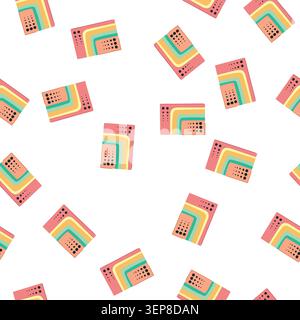 pattern retro abstract geometric illustration presenting a playful design with pastel colored curved stripes and black dots, evoking a nostalgic 70s a Stock Vector