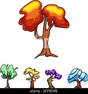 Collection of stylized fantasy trees featuring vibrant, imaginative designs and various shapes, ready for use in games, user interfaces, or digital st Stock Vector