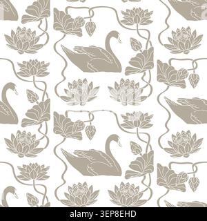 Vintage art nouveau style hand drawn swan swimming in lake with lotus flowers brown and beige damask seamless pattern Stock Vector