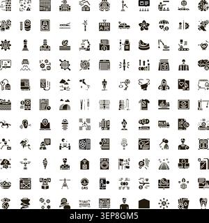 Large collection of diverse monochrome glyph icons representing various business concepts, technology solutions, industry processes, trade, and servic Stock Vector