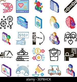 Set of isometric icons covering a wide range of topics including health, technology, nature, finance, and everyday objects, presented on a white backg Stock Vector