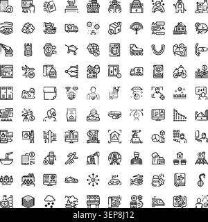 Large set of thin line vector icons representing concepts related to business, technology, finance, travel, communication, health, and a wide range of Stock Vector