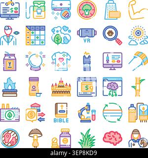 Collection of outline icons depicting diverse lifestyle and industry themeshealthcare, finance, environment, digital interfaces, science, food, spirit Stock Vector