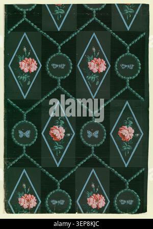 Dubuisson creates a repeating wallpaper design featuring roses arranged in diamond patterns and butterflies enclosed in circular motifs, separated by stylized foliage festoons in an 1800 decorative composition. Stock Photo
