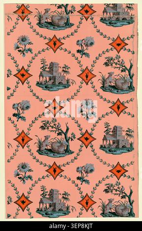 Manufacture Dubuisson creates a repeating wallpaper pattern combining small architectural scenes, birds, sheep, dogs, stylised flowers, and fruit arranged in staggered framed compartments forming a rhythmic decorative sequence typical of early nineteenth century interior design. Stock Photo
