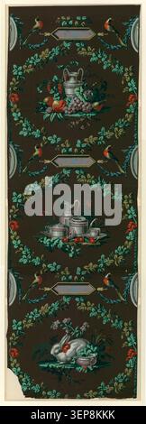 Manufacture Dubuisson creates a repeating wallpaper design divided into three framed compartments showing a domestic rabbit, a tea service with cherries, and a vase filled with fruit and flowers, arranged as a structured narrative decorative sequence in early nineteenth century interior style. Stock Photo