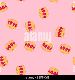 pattern cream puff pastry filled with pink strawberry cream and fresh sliced strawberries, colorful watercolor style illustration ideal for bakery, de Stock Vector