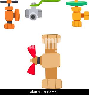 Various types of plumbing valves including a gate valve, stopcock, and ball valve, offering essential components for water systems and liquid flow reg Stock Vector