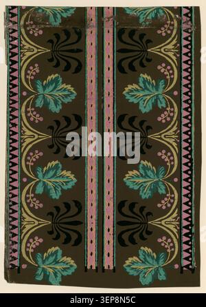 The wallpaper design from Manufacture Millet, dated 1799, features two central friezes of stylized grape leaves alternating with fantasy fleurons along inverted hoops, bordered by small sawtooth and bobbin motifs, representing French eighteenth-century decorative ornamentation. Stock Photo