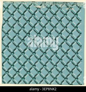 Wallpaper sample produced in 1802 by Zuber et Compagnie presents a repeating decorative pattern combining stylized plants, circular ring motifs and a structured grid layout reflecting early nineteenth-century industrial design aesthetics. Stock Photo