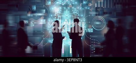 Dynamic scene of business executives interacting with advanced artificial intelligence data visualization. The atmosphere is futuristic, evoking innov Stock Photo