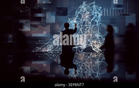 A visionary businessman engages with a dynamic, futuristic digital interface displaying complex data visualizations, network diagrams, and analytics. Stock Photo