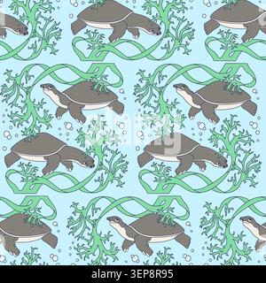 Cute sea turtles and algae coastal seamless pattern vector illustration Stock Vector