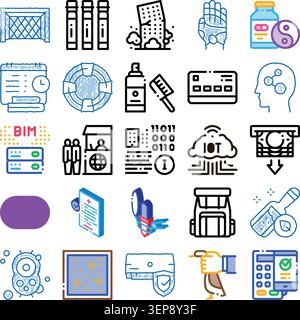 Hand drawn style icon set illustrating modern concepts, healthcare, finance, data, cloud, iot, architecture, sports, cleaning, development and webmobi Stock Vector