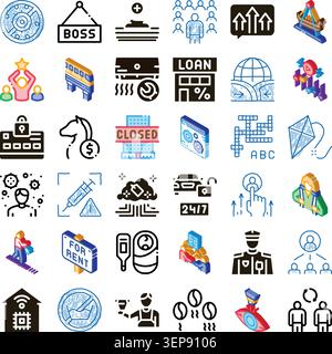 Set of isometric and outline icons illustrating diverse business, finance, and daily life concepts, including management, services, digital work, loan Stock Vector