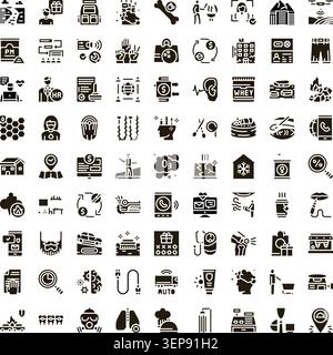 Big collection of various black glyph icons depicting concepts related to commerce, environment, health, logistics, technology, people, and service fo Stock Vector